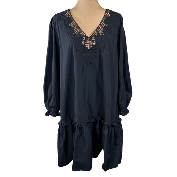 J. Crew V-neck Dress Eyelet Trim Cotton Black XXL Ruffle - Picture 1 of 8